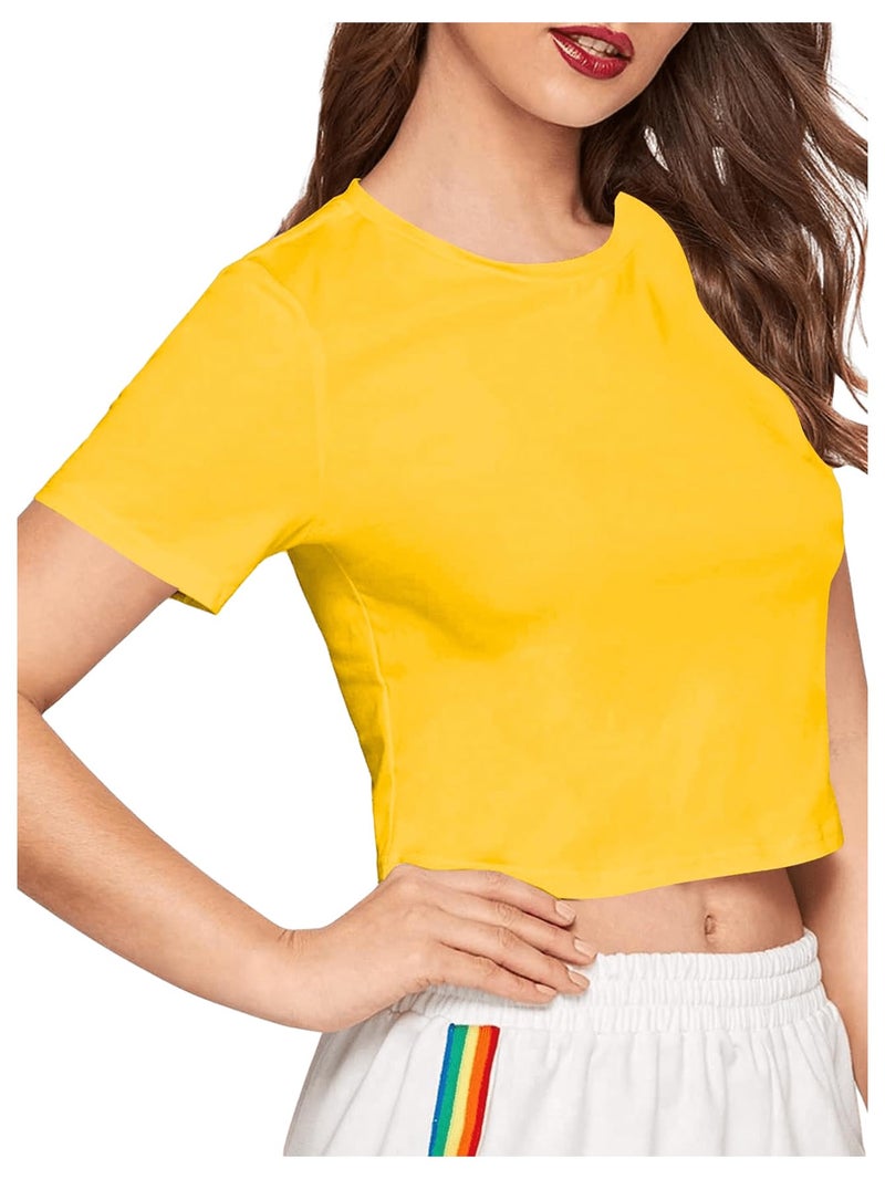 SweatyRocks Women's Casual Short Sleeve Crew Neck Basic Crop Top T Shirts Yellow M - Image 4